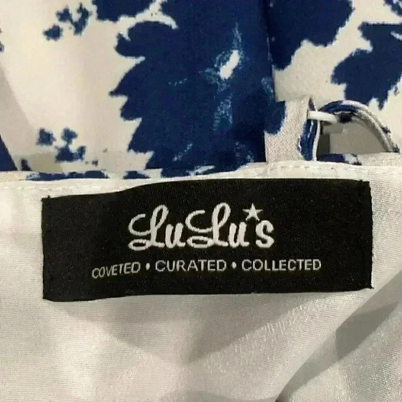 Lulus In Living Splendor Ivory and Navy Blue Floral Print Dress in size large - Picture 9 of 10